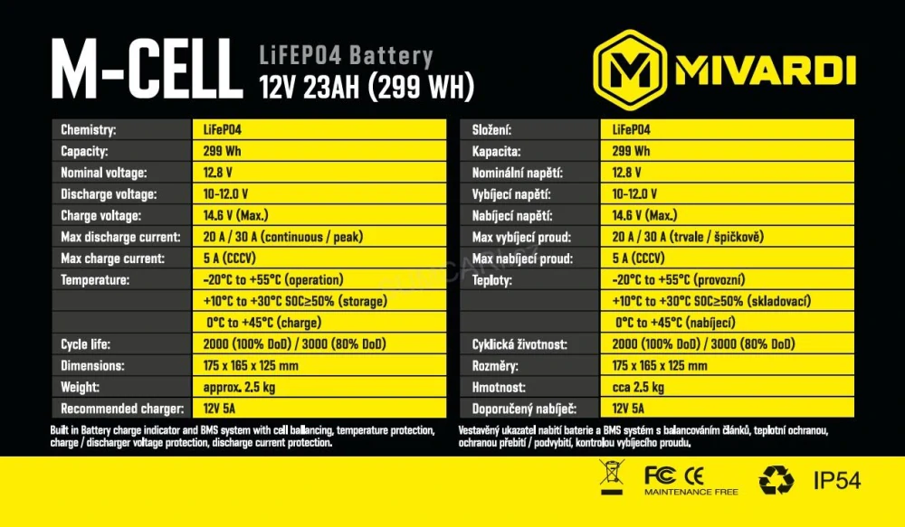 M-CELL lithiová baterie LiFePO4 12V 23Ah + 5A nabíječka