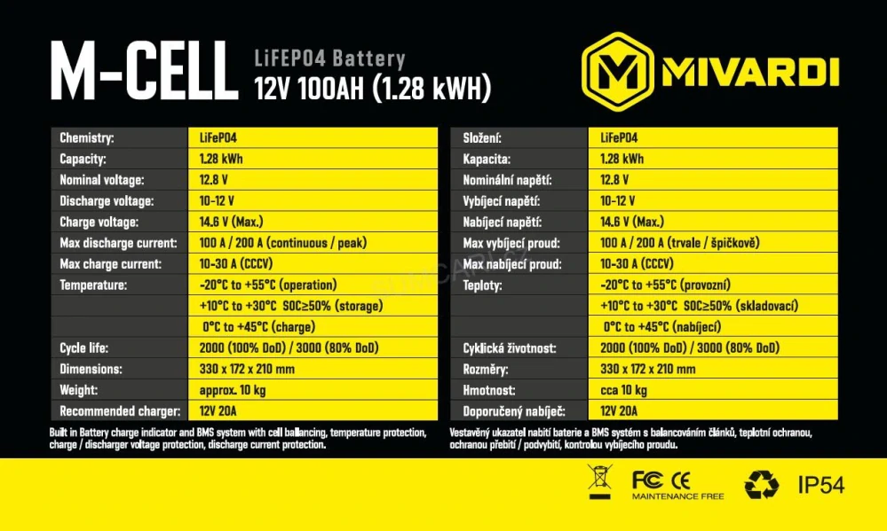 M-CELL LiFePO4 12V 100Ah + 20A nabíječka